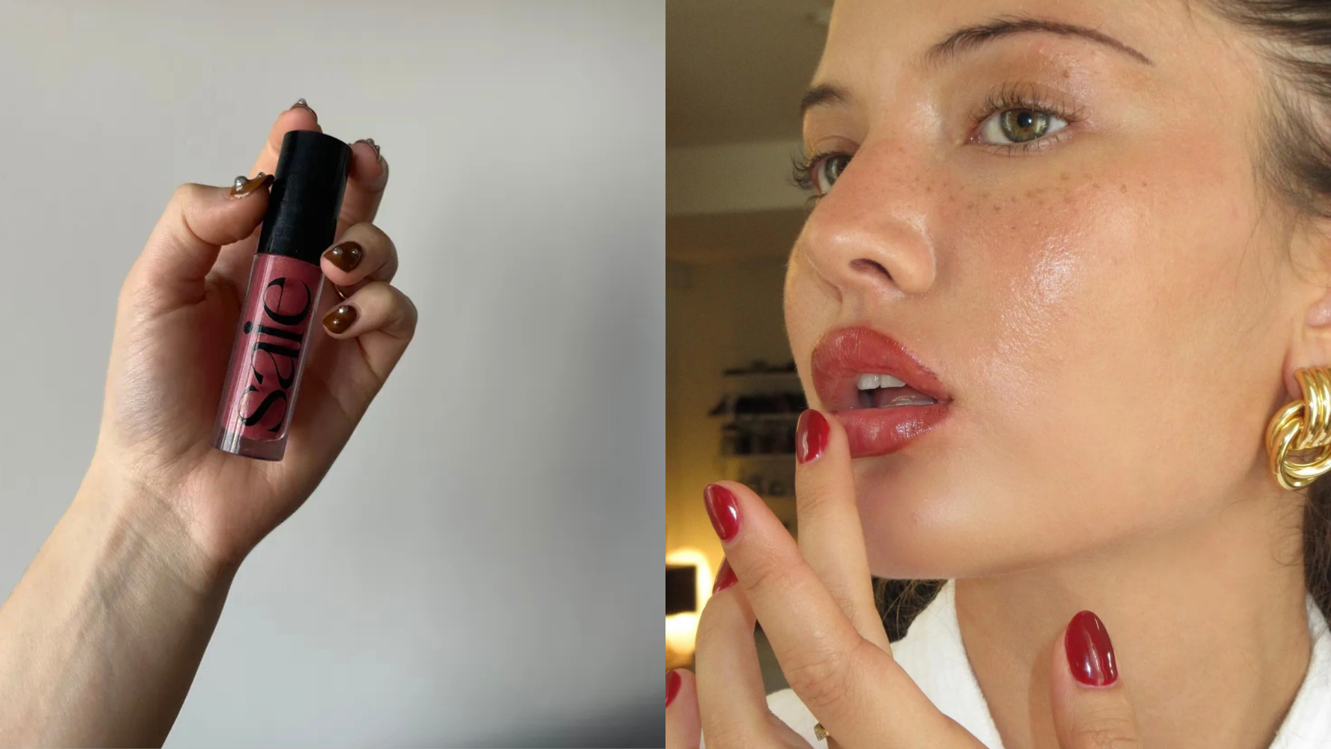 Photo collage of a woman applying lip gloss and holding one in the air 