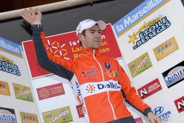 Arnaud Molmy (Roubaix Lille Metropole) arrives onstage to receive the best young rider's jersey.