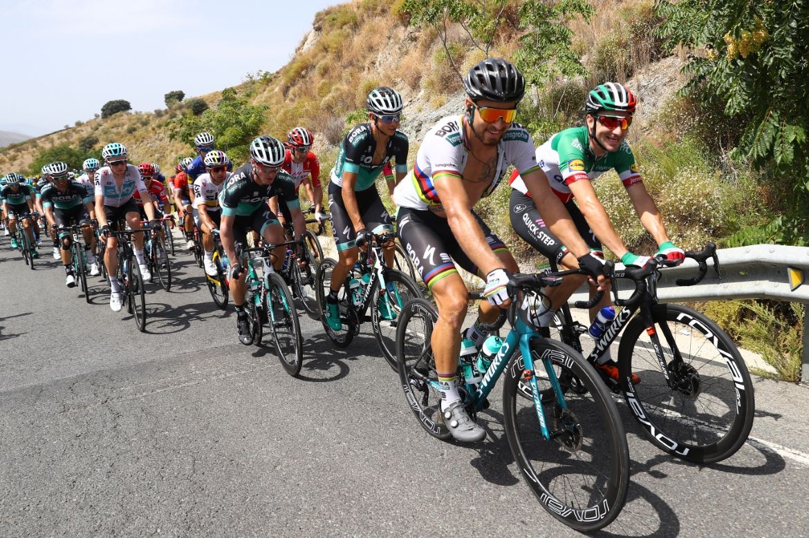 Peter Sagan and Elia Viviani chat in the peloton