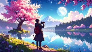 Anime-style landscape digital drawing of a man holding a camera at a lake, with a cherry tree in midground, a mountain in the distance and the moon in a cloudy night sky 