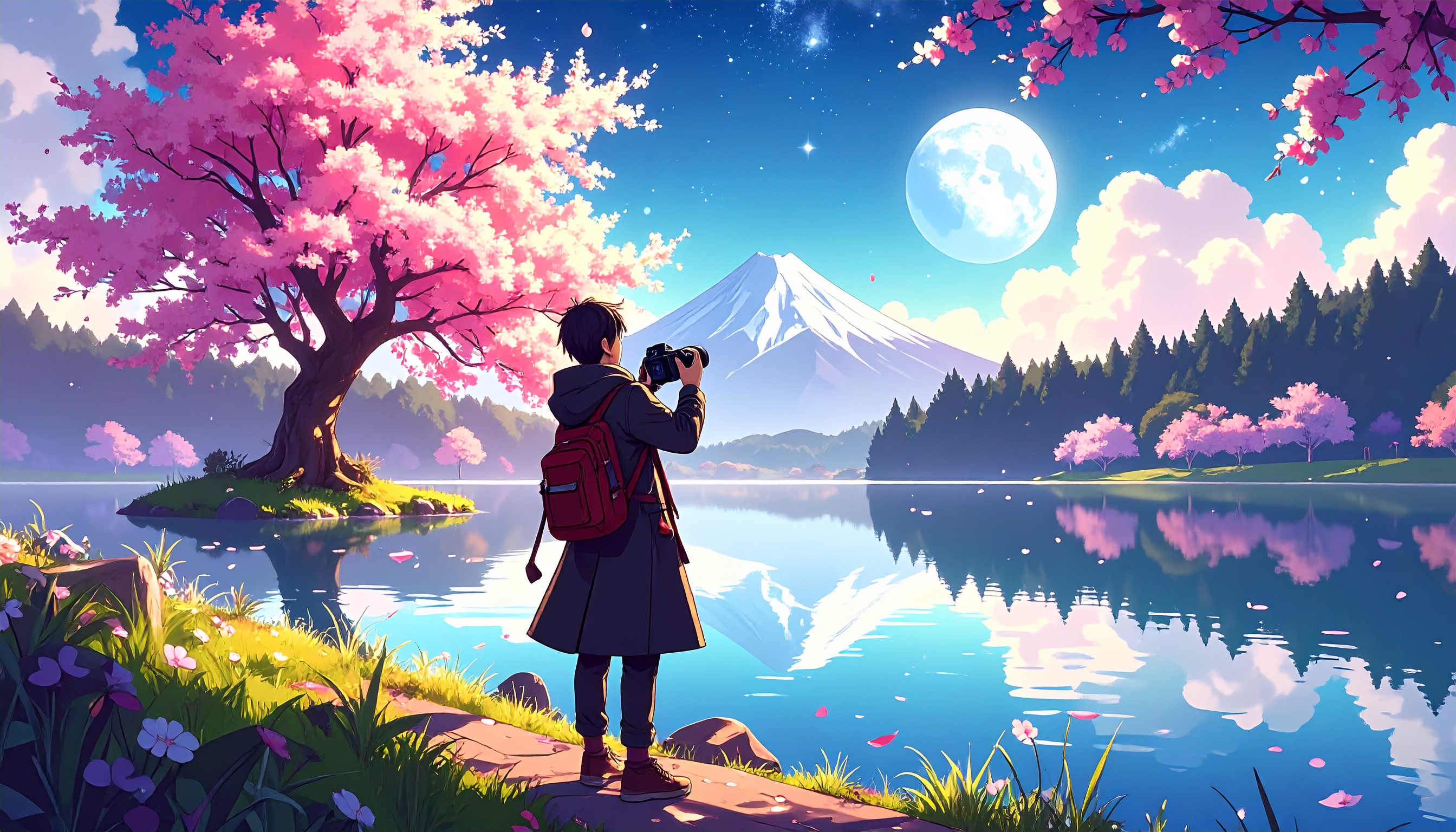 Anime-style landscape digital drawing of a man holding a camera at a lake, with a cherry tree in midground, a mountain in the distance and the moon in a cloudy night sky