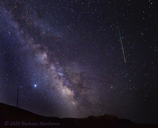 A Perseid meteor dashes across the Milky Way in this photo taken by Barbara Matthews in Northern California, on Aug. 11, 2020.