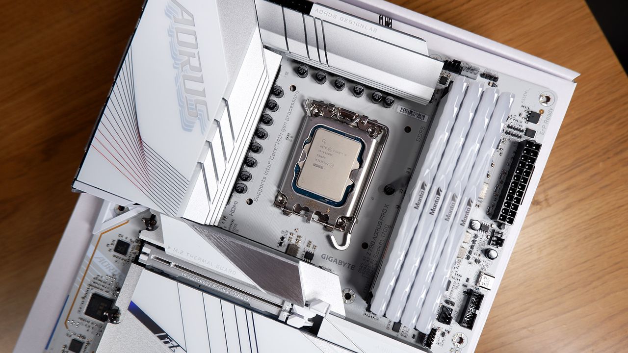 An Intel CPU fitted into a Gigabyte Aorus motherboard.