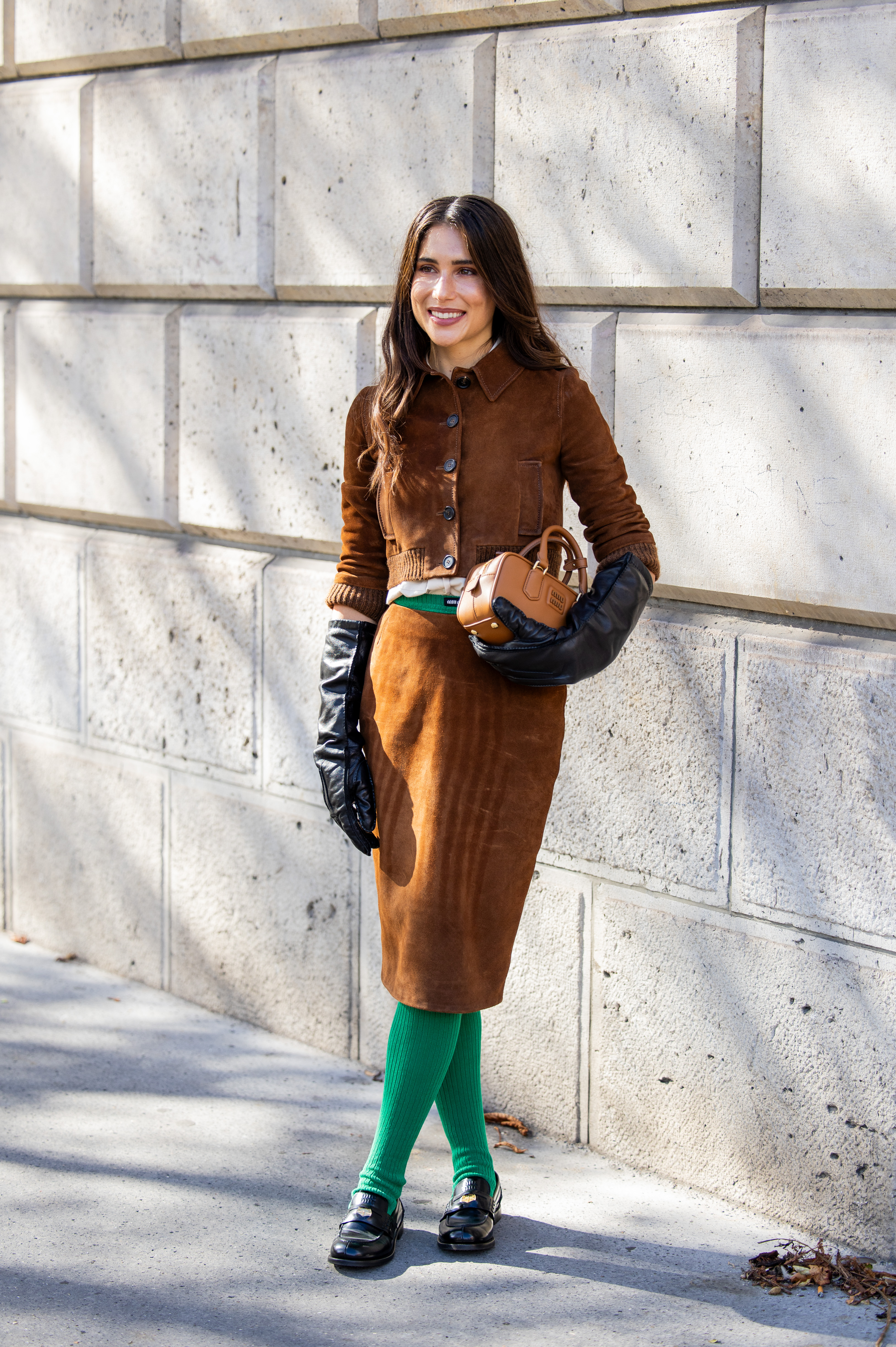 Woman wearing double suede