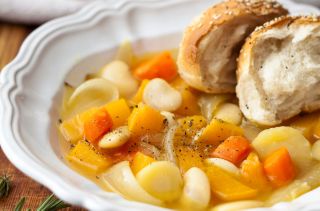 Chunky root veg soup with rolls