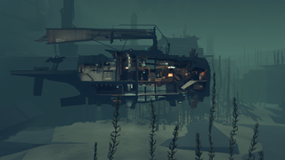 Far: Changing Tides screenshot showing a makeshift submarine suspended above the ocean floor.