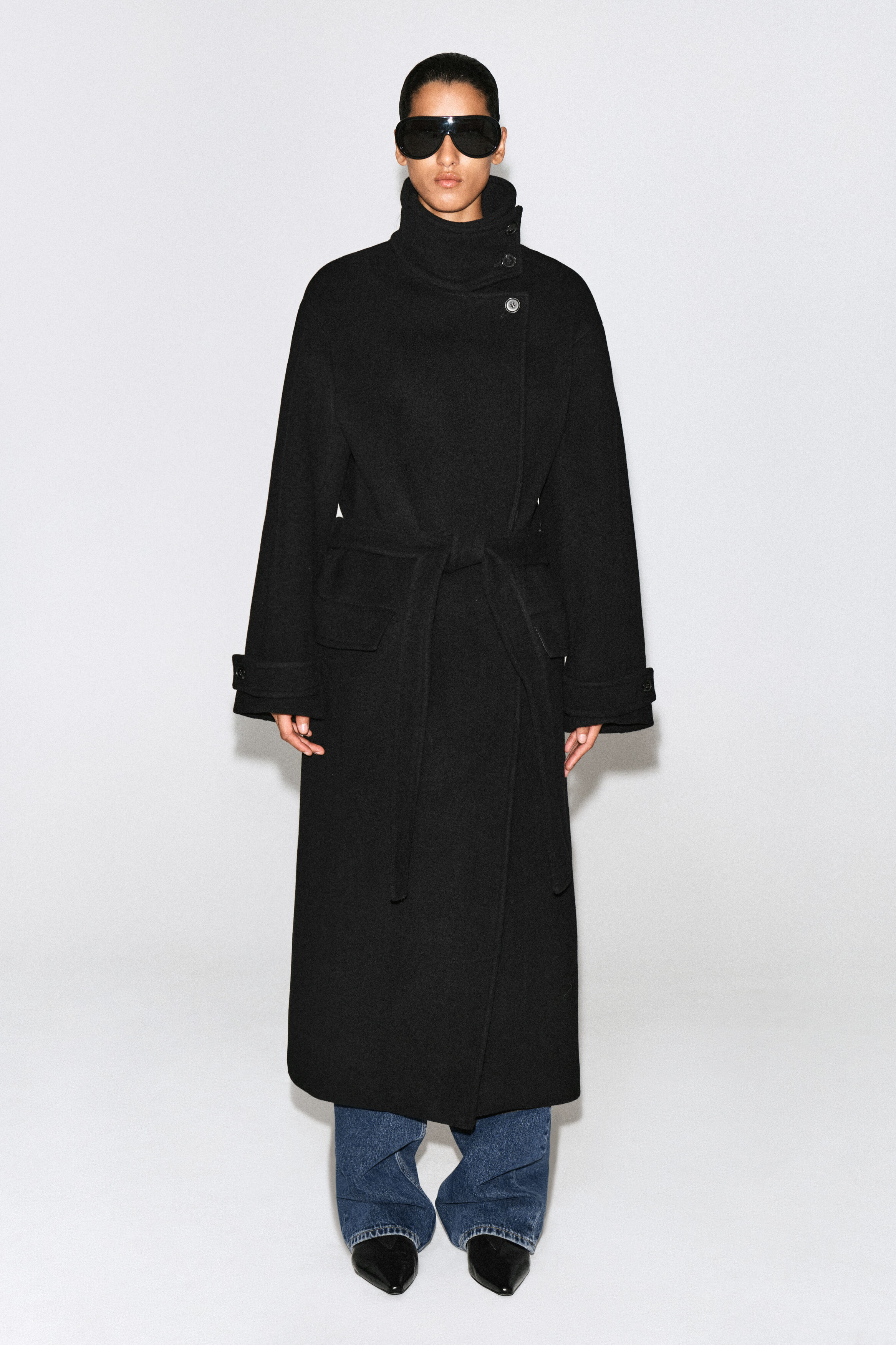 Belted Wool-Blend Mock-Neck Coat