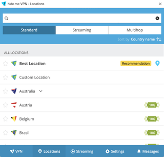 Hide.me Windows app showing server locations