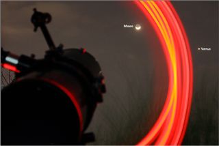 Venus and the Crescent Moon and Red Light Trails