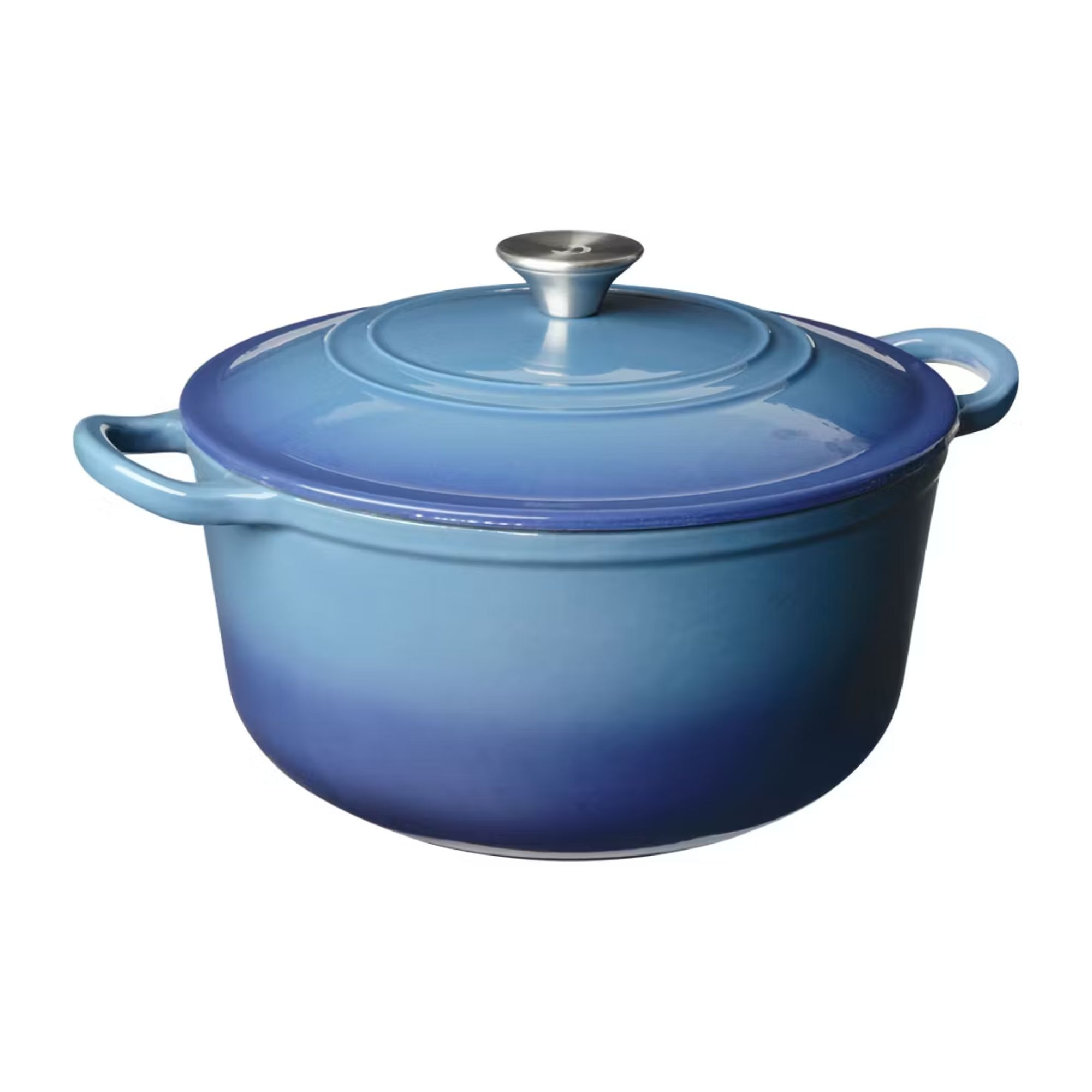 Navy blue Dutch oven with silver top handle