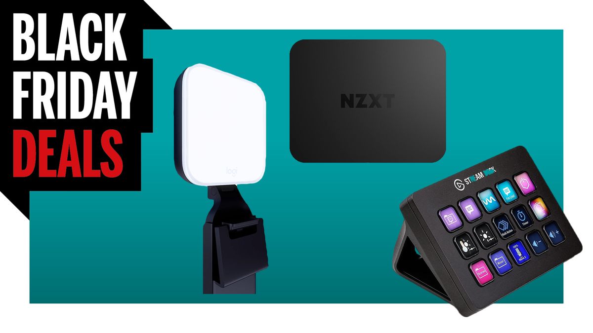 Logitech light and NZXT capture card and Elgato Stream Deck on turquoise background with Black Friday Deals logo