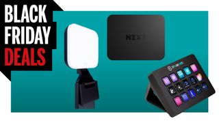 Logitech light and NZXT capture card and Elgato Stream Deck on turquoise background with Black Friday Deals logo
