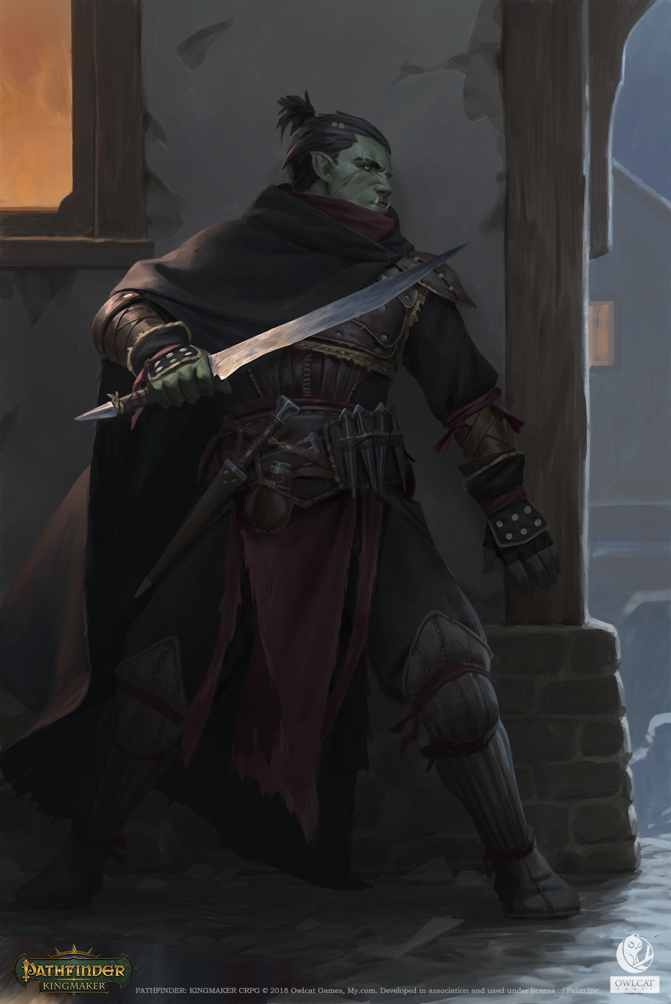 Orc Assassin peaking around corner in Pathfinder: Kingmaker character portrait