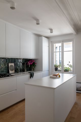 Parisian apartment with white kitchen and kitchen garden window