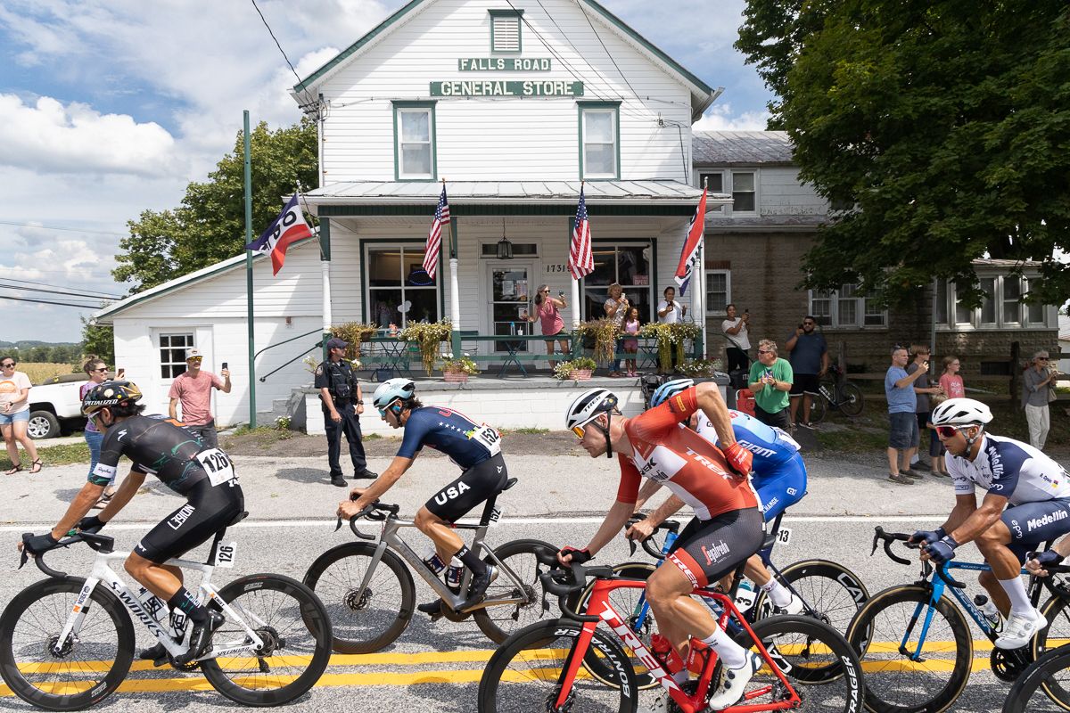 Eder Frayre Moctezuma (L39ION of Los Angeles), Hugo Scala Jr (Team USA), Alexander Kamp (Trek-Segafredo), and Robigzon Leandro Oyola Oyola (Team Medellin-EPM) made early break of 20 riders as they pass the Falls Road General Store in the small town of Whitehouse, Maryland.