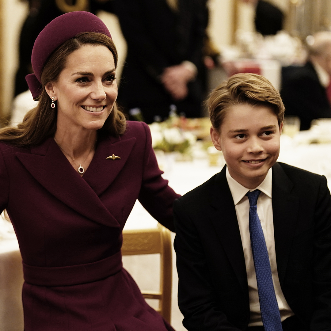 LONDON, ENGLAND - MAY 5: Catherine, Princess of Wales and Prince George join Second World War veterans at a tea party in Buckingham Palace following the military procession to mark the 80th anniversary of VE Day on May 5, 2025 in London, England. The King and Queen, joined by Members of the Royal Family, will take part in events from May 5th to May 8th to commemorate the 80th Anniversary of VE Day, which signalled the end of the Second World War in Europe. (Photo by Jordan Pettitt - WPA Pool/Getty Images)