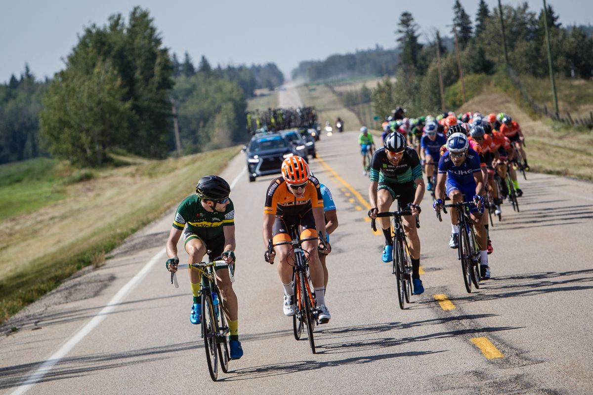 Riders try to escape the bunch during stage 2 at the Tour of Alberta