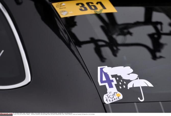 Trek Factory Racing had a wet stage 4 sticker on the car