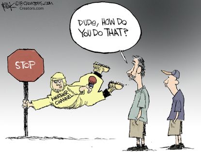 Editorial cartoon U.S. Hurricane Florence Weather Channel reporter exaggeration