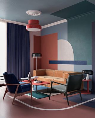 A living room with a color block