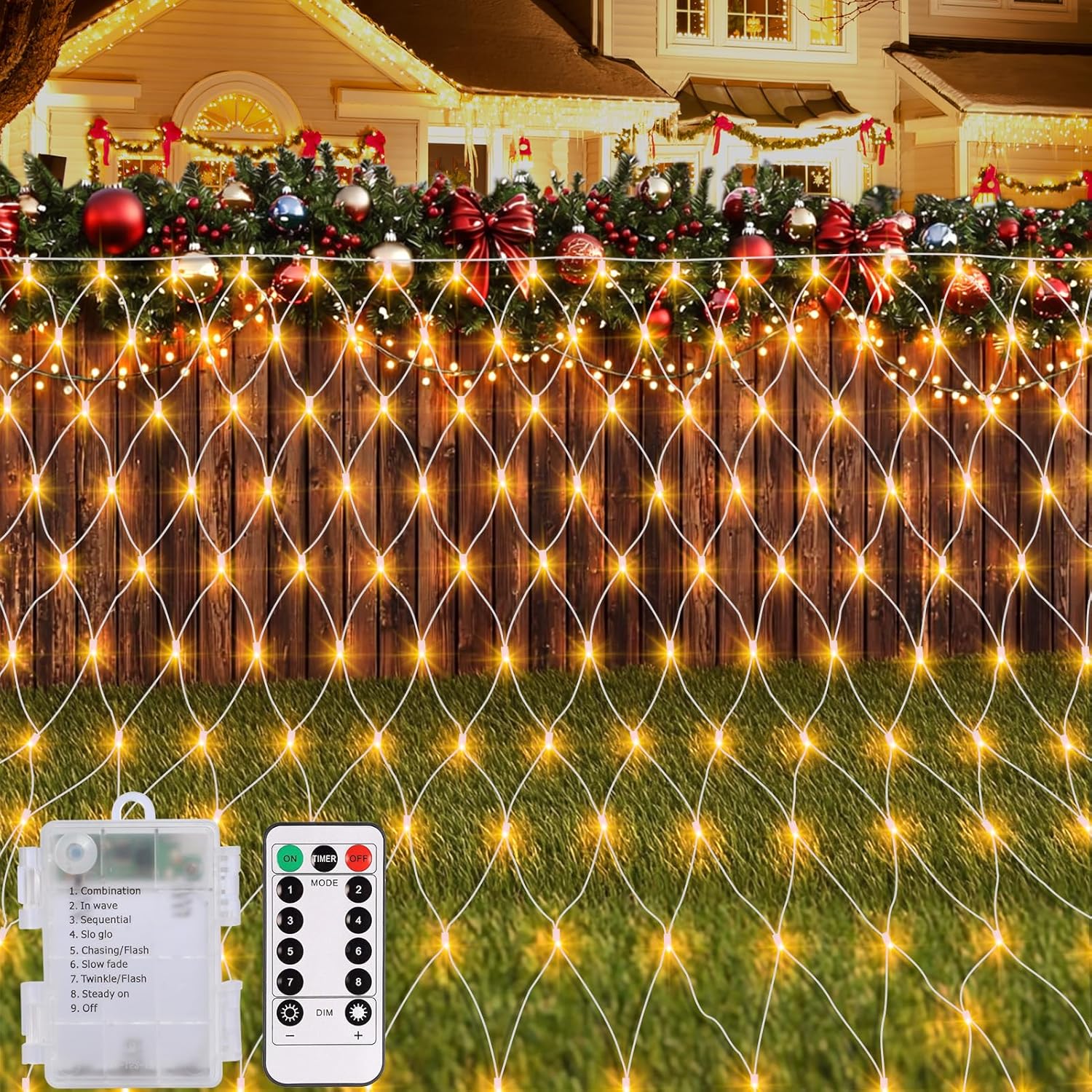 Cciland 1.5m X 1.5m Garden Net Lights Warm White, 100 Led Battery Net Lights With 8 Modes Remote Timer Dimmable Patio Mesh String Lights for Bush Deck Fence Wall Party Wedding Christmas Decor