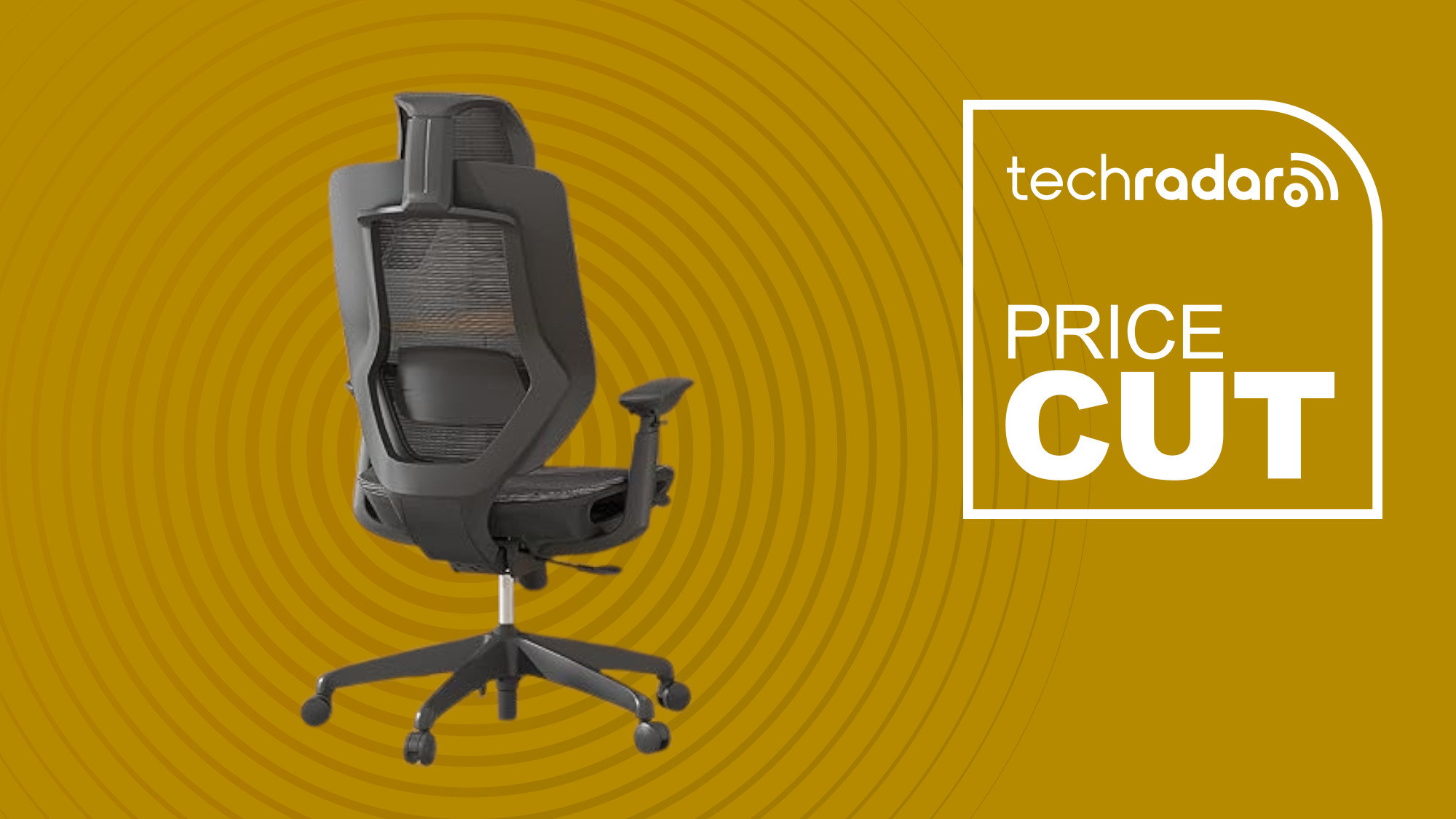 FlexiSpot OC6 office chair on a yellow background next to a TechRadar badge reading 'Price Cut'