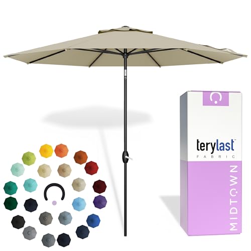 Midtown Umbrellas - 10-Year-No-Fade 9 Ft Patio Umbrella With Terylast Fabric, Auto-Tilt Aluminum Frame and 8 Reinforced Ribs for Deck, Pool, Garden &amp;amp; Beach - Chestnut Beige Canopy, Black Pole