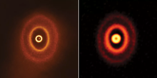 The three dusty rings of GW Orionis, a triple star solar system in the Orion constellation. The wobbly inner ring may contain a young planet.