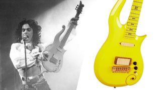 Left: Prince holding his Cloud 3 guitar on stage; Right: an image of the yellow Cloud 3 guitar