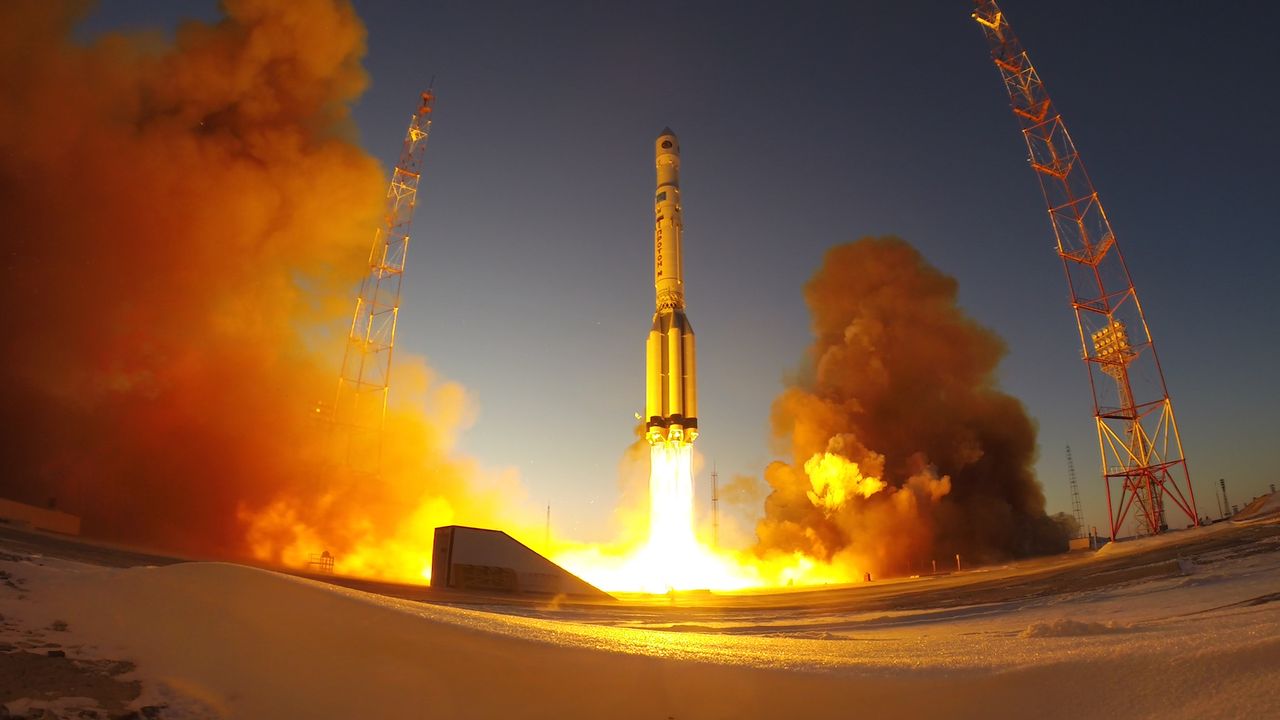 A Russian Proton-M rocket launches the Electro-L 3 weather satellite into orbit from Baikonur Cosmodrome, Kazakhstan on Dec. 24, 2019.