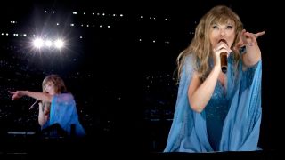 INGLEWOOD, CALIFORNIA - AUGUST 09: EDITORIAL USE ONLY. Taylor Swift performs onstage during "Taylor Swift | The Eras Tour" at SoFi Stadium on August 09, 2023 in Inglewood, California.