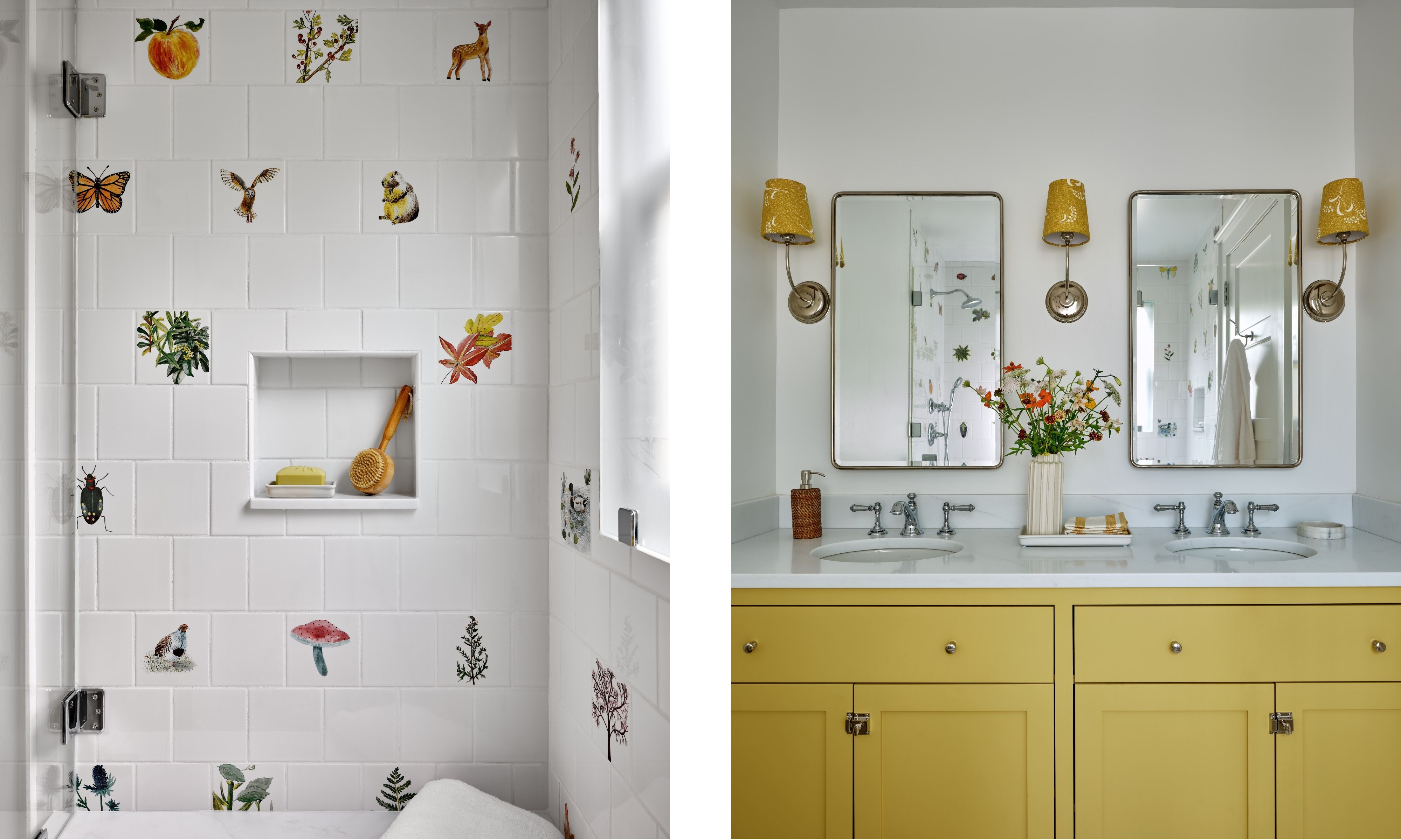 a white bathroom with double yellow vanity and a shower wall with flora and fauna printed tiles