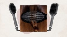 Image of ghd Glide+ passing through brunette hair, images of Glide+ and Glide+ Max, on a beige background