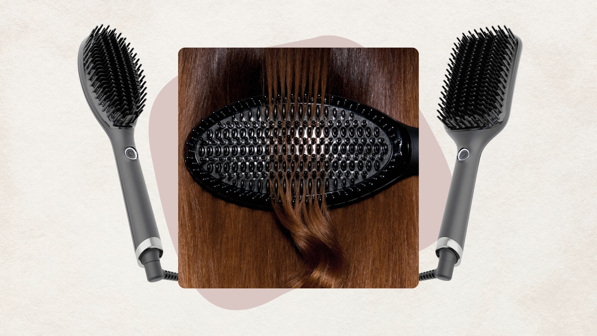 Image of ghd Glide+ passing through brunette hair, images of Glide+ and Glide+ Max, on a beige background 