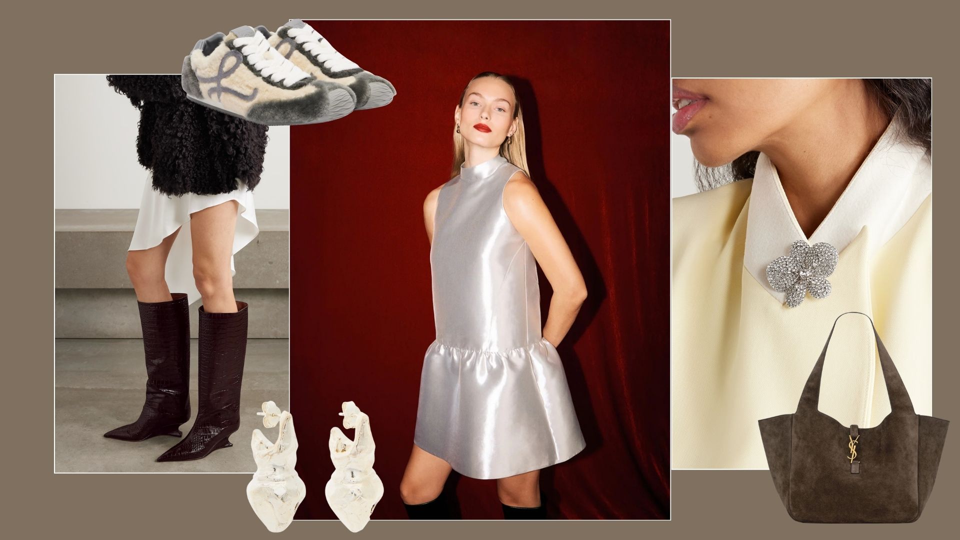 Collage with Aligne dress, Saint Laurent bag, Loewe trainers, earrings and boots