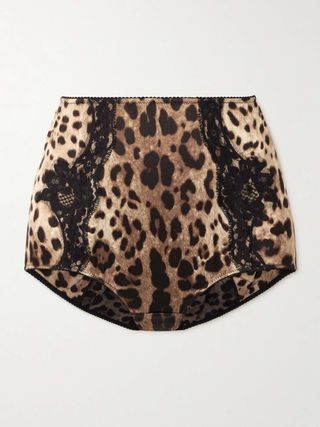 Lace-Trimmed Leopard-Print Silk-Blend Satin Briefs