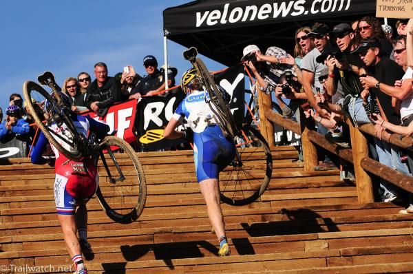 Caroline Mani (SRAM) and Georgia Gould matching each other stride for stride
