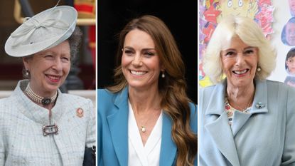 A composite of three pictures of Princess Anne, Kate Middleton and Queen Camilla wearing pearl jewellery in May 2026