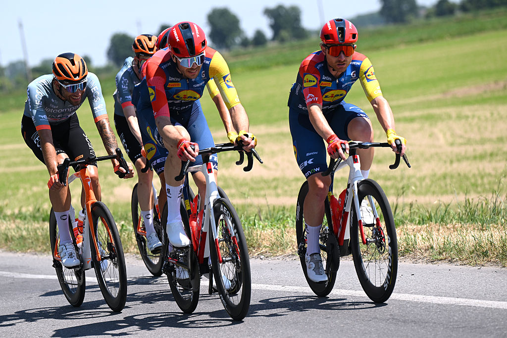 MILAN, ITALY - MAY 24: (L-R) Max Walscheid of Germany and Simone Consonni of Italy and Team Lidl - Trek compete during the 109th Giro d&amp;amp;apos;Italia 2026, Stage 15 a 157km stage from Voghera to Milan / #UCIWT / on May 24, 2026 in Milan, Italy. (Photo by Dario Belingheri/Getty Images)