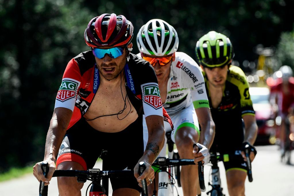 Damiano Caruso, Warren Barguil and Mikel Nieve in a late breakaway