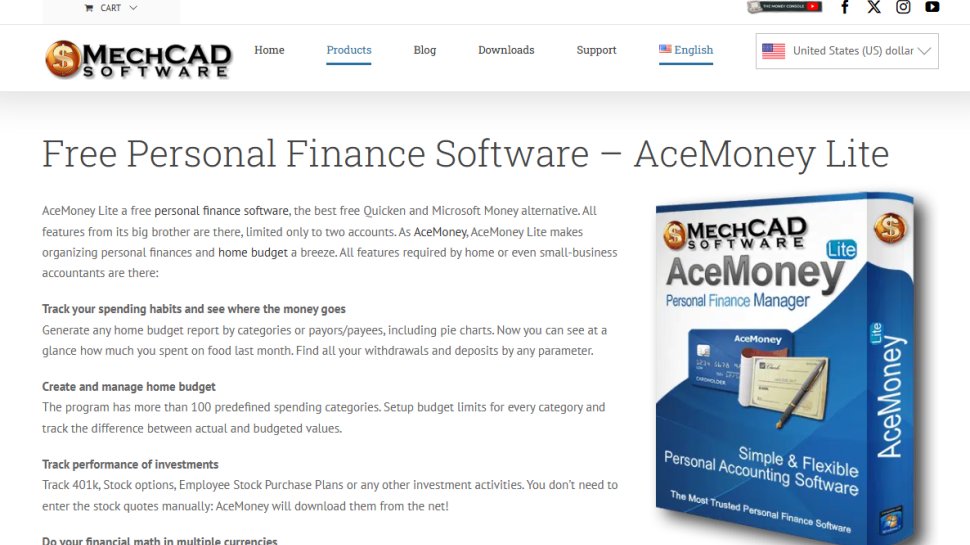 Website screenshot of AceMoney Lite (January, 2026)