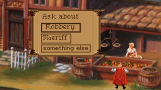A dialogue box offers the options to ask a centaur about "Robbery", "Sheriff", or "something else"