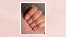 Image of hand curled over pink marled jumper with short, sheer neutral nails, on a pink background