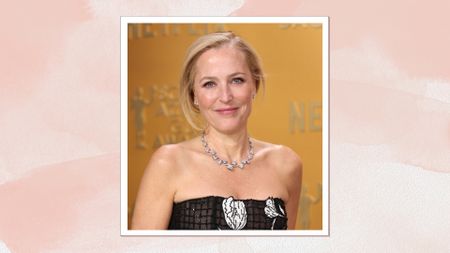 Gillian Anderson is pictured with blush on the apples of her cheeks and wearing a black and white dress and diamond necklace at the 31st Screen Actors Guild Awards held at Shrine Auditorium and Expo Hall on February 23, 2025 in Los Angeles, California/ featured in a pink watercolour paint-style template