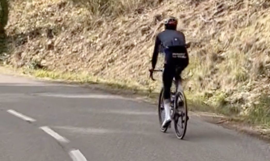 Cian Uijtdebroeks training in an unbranded kit near Girona on Sunday