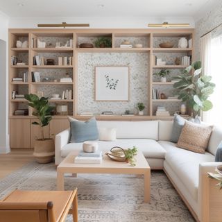 Neutral living room with white couch and bookshelves
