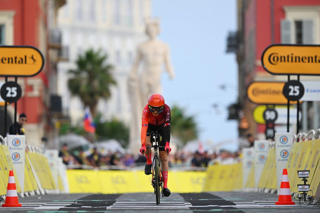 NICE FRANCE JULY 21 Geraint Thomas of The United Kingdom and Team INEOS Grenadiers crosses the finish line during the 111th Tour de France 2024 Stage 21 a 337km individual time trial from Monaco to Nice UCIWT on July 21 2024 in Nice France Photo by Tim de WaeleGetty Images
