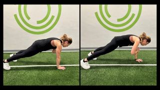 Certified personal trainer Denise Chakoian demonstrating a high plank shoulder tap