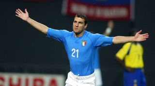 Christian Vieri of Italy celebrates after scoring against Ecuador at the 2002 FIFA World Cup