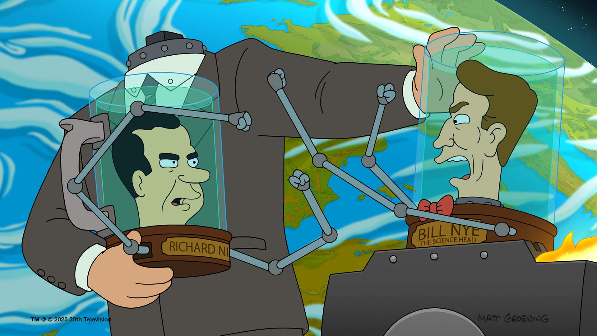 Richard Nixon's head's prosthetic body pushing over Bill Nye's head in a jar